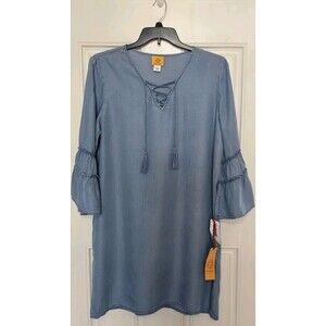 Ruby Rd L Light Blue Tencel Chambray Tunic Dress Bell Sleeve Boho Casual Beachy